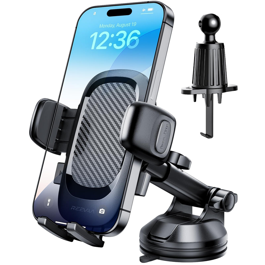 REEVAA 3-in-1 Phone Holder for Car [2025 Upgraded Ultimate Suction Cup] Cell Phone Mount Dashboard Windshield Air Vent Truck Dash Mount for iPhone 16 15 14 Pro Max Samsung Galaxy S24 S25 Black